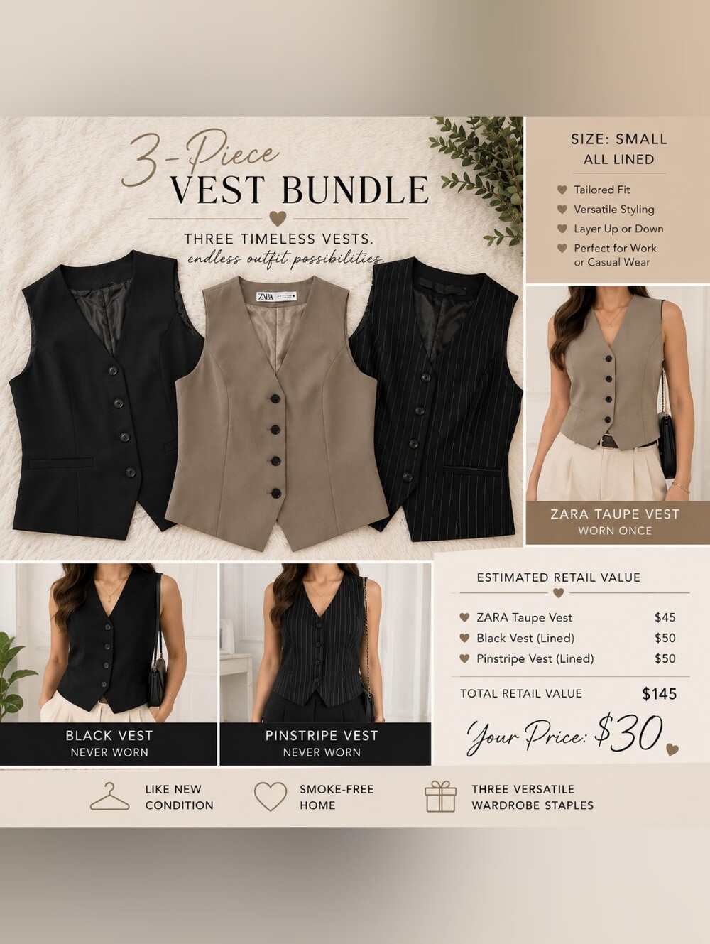 🦚3-Piece Women's Tailored Vest Bundle | Zara | Size S | Lined | Classic Layer